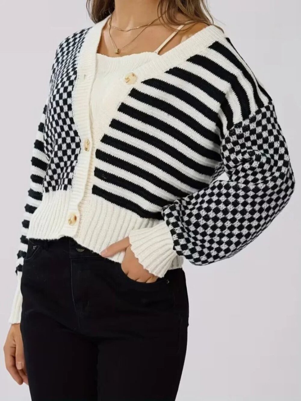 Checkered Striped Black & White V-Neck Cardigan - Picture 4 of 5